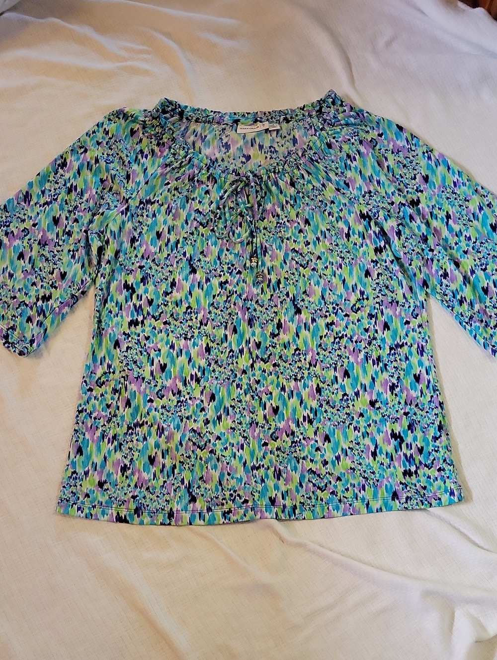 Susan Graver QVC Blue Green Purple Flowy Blouse Top Small